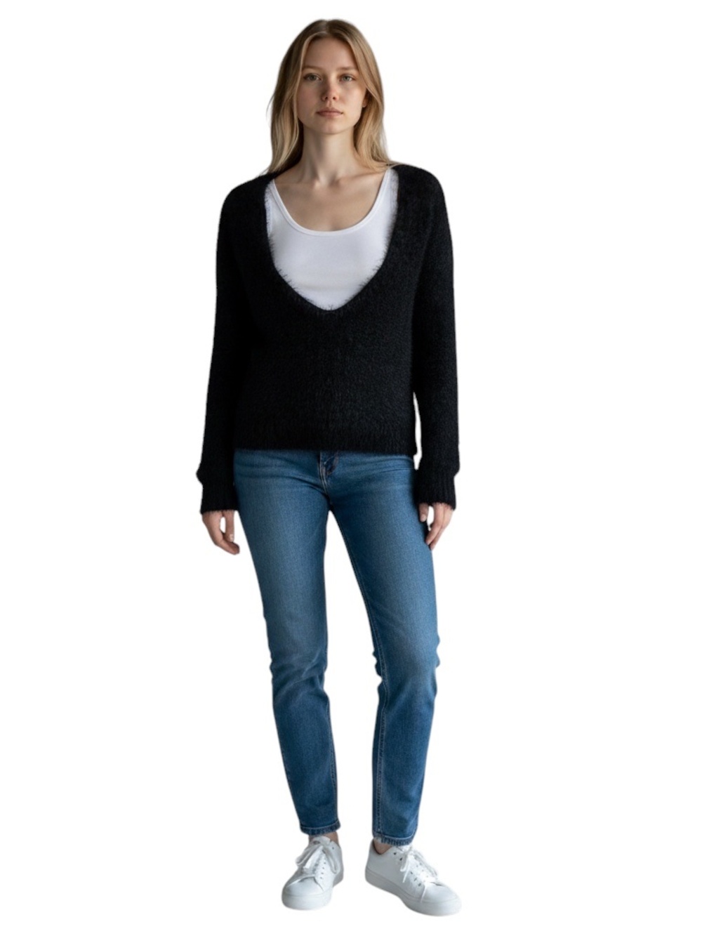 DRIES VAN NOTEN BLACK LONG SLEEVED V-NECK FUZZY SWEATER - Picture 4 of 5